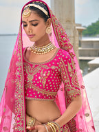 Monjolika Fashion Rani Pink Silk Embroidered Sequins Thread And Zari Work Bridal Trendy Lehenga Choli