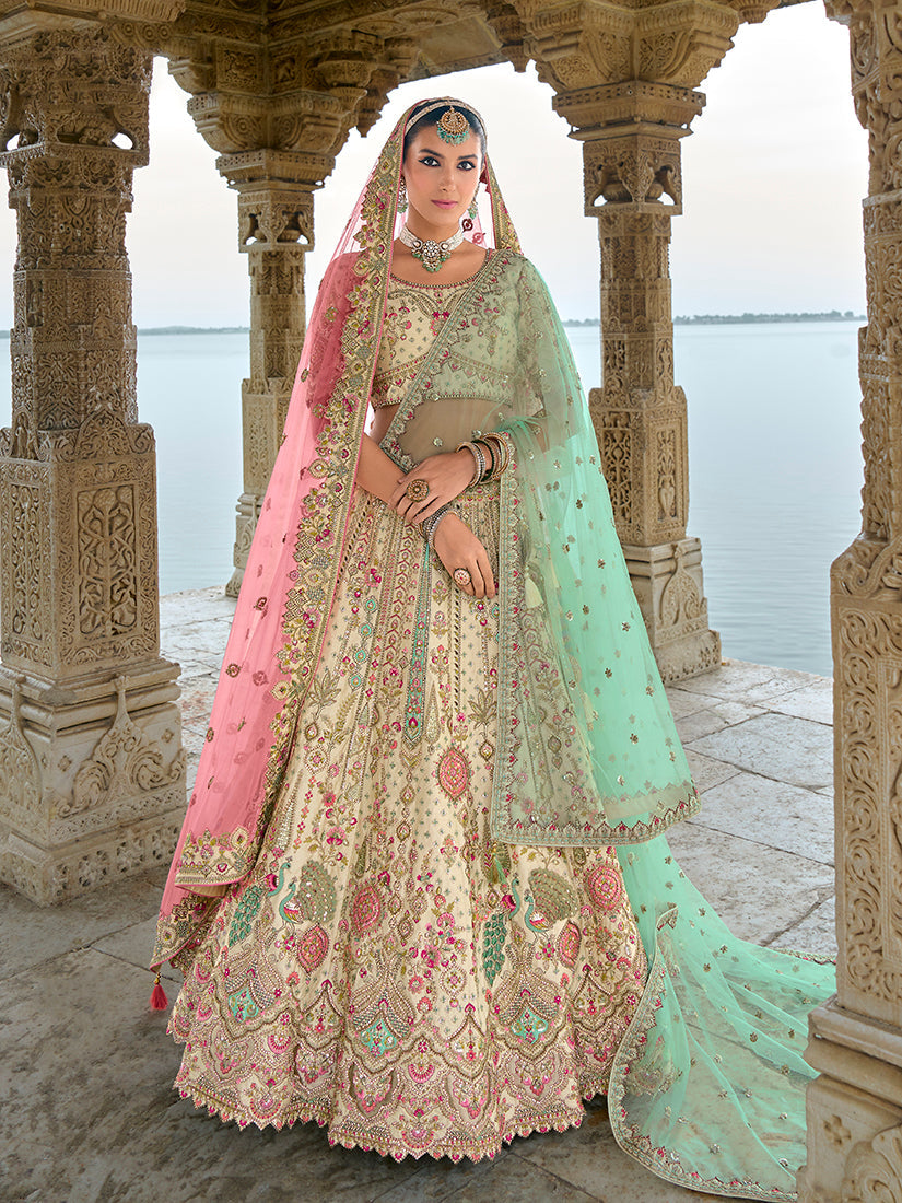 Monjolika Fashion Cream Silk Embroidered Sequins Thread And Zari Work Bridal Trendy Lehenga Choli