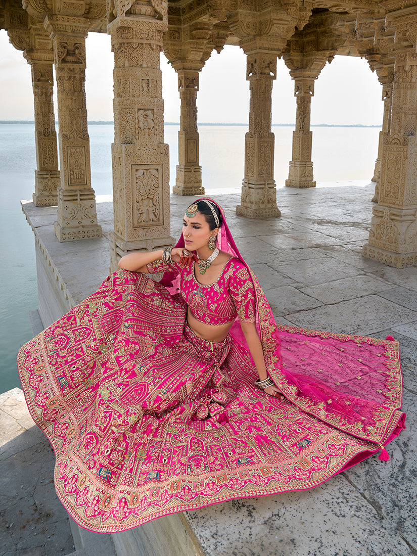 Monjolika Fashion Rani Pink Silk Embroidered Sequins Thread And Zari Work Bridal Trendy Lehenga Choli