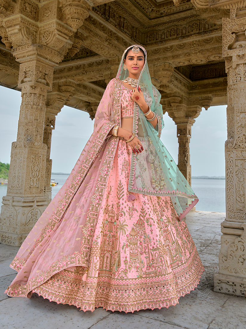 Monjolika Fashion Light Pink Silk Embroidered Sequins Thread And Zari Work Bridal Trendy Lehenga Choli