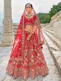 Monjolika Fashion Red Silk Embroidered Sequins Thread And Zari Work Bridal Trendy Lehenga Choli