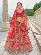 Monjolika Fashion Red Silk Embroidered Sequins Thread And Zari Work Bridal Trendy Lehenga Choli