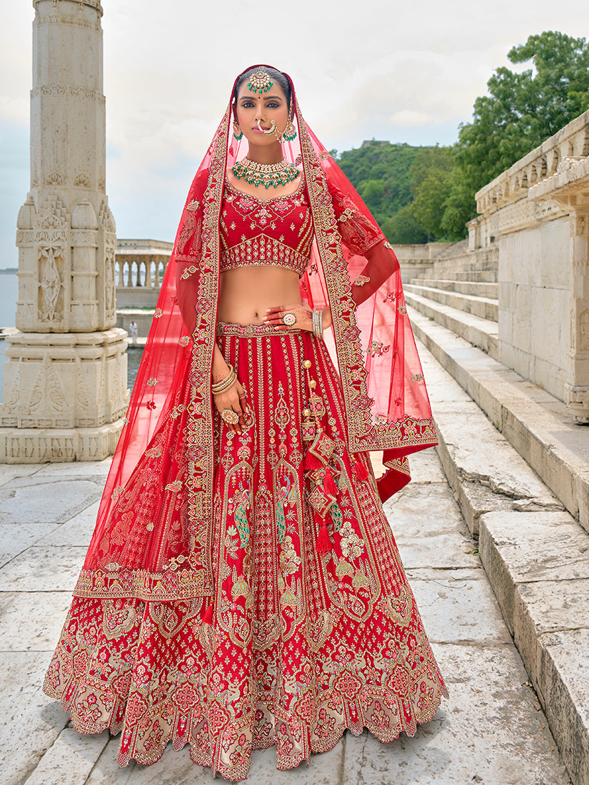 Monjolika Fashion Red Silk Embroidered Sequins Thread And Zari Work Bridal Trendy Lehenga Choli