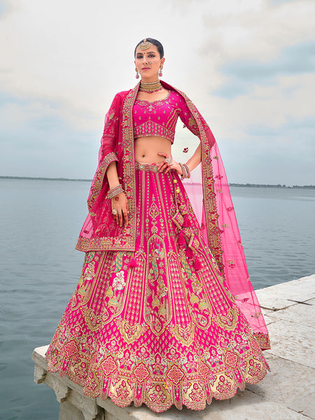 Monjolika Fashion Rani Pink Silk Embroidered Sequins Thread And Zari Work Bridal Trendy Lehenga Choli