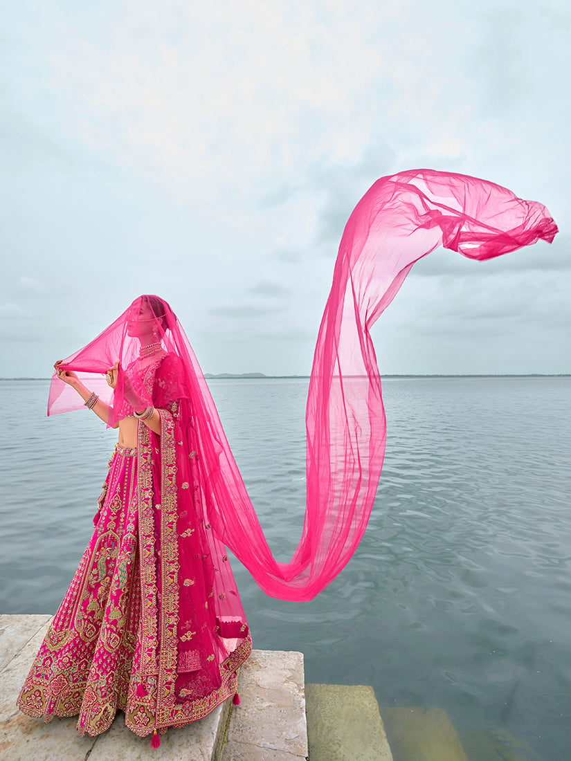 Monjolika Fashion Rani Pink Silk Embroidered Sequins Thread And Zari Work Bridal Trendy Lehenga Choli