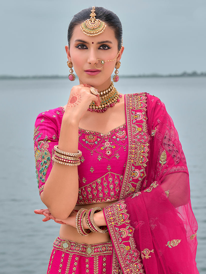 Monjolika Fashion Rani Pink Silk Embroidered Sequins Thread And Zari Work Bridal Trendy Lehenga Choli