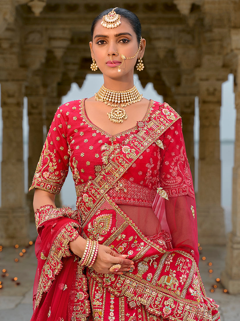 Monjolika Fashion Red Silk Embroidered Sequins Thread And Zari Work Bridal Trendy Lehenga Choli