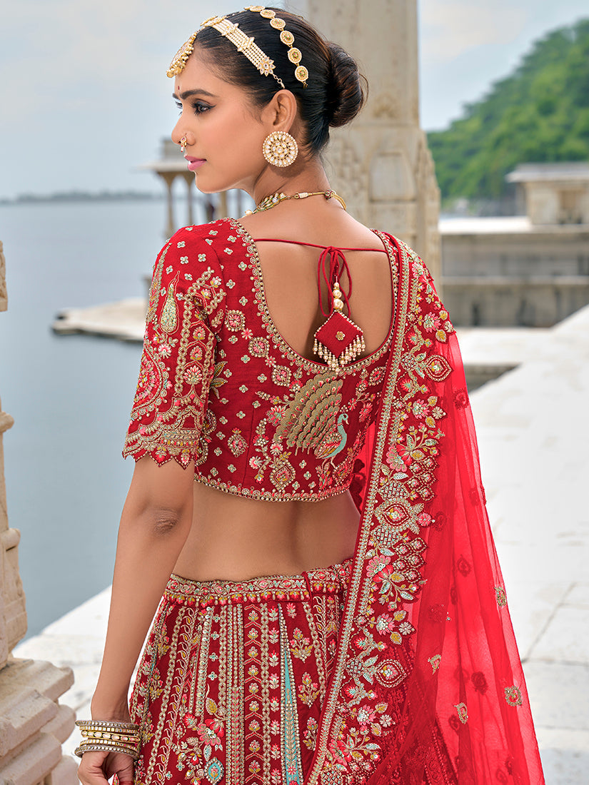 Monjolika Fashion Red Silk Embroidered Sequins Thread And Zari Work Bridal Trendy Lehenga Choli