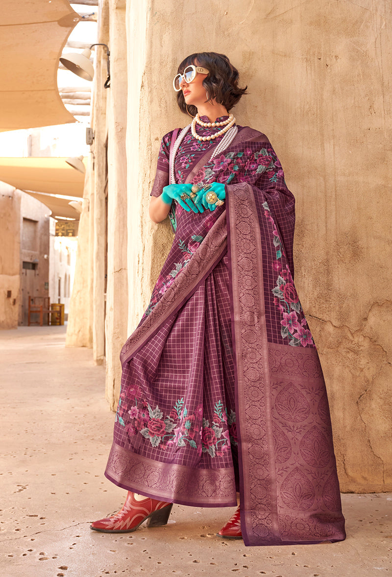 Monjolika Fashion Georgette Weaving Work Digital Print Burgundy Classic Saree - Distacart