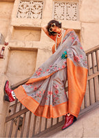 Monjolika Fashion Georgette Weaving Work Digital Print Grey Classic Saree - Distacart