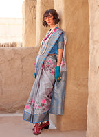 Monjolika Fashion Georgette Weaving Work Digital Print Grey Classic Saree - Distacart