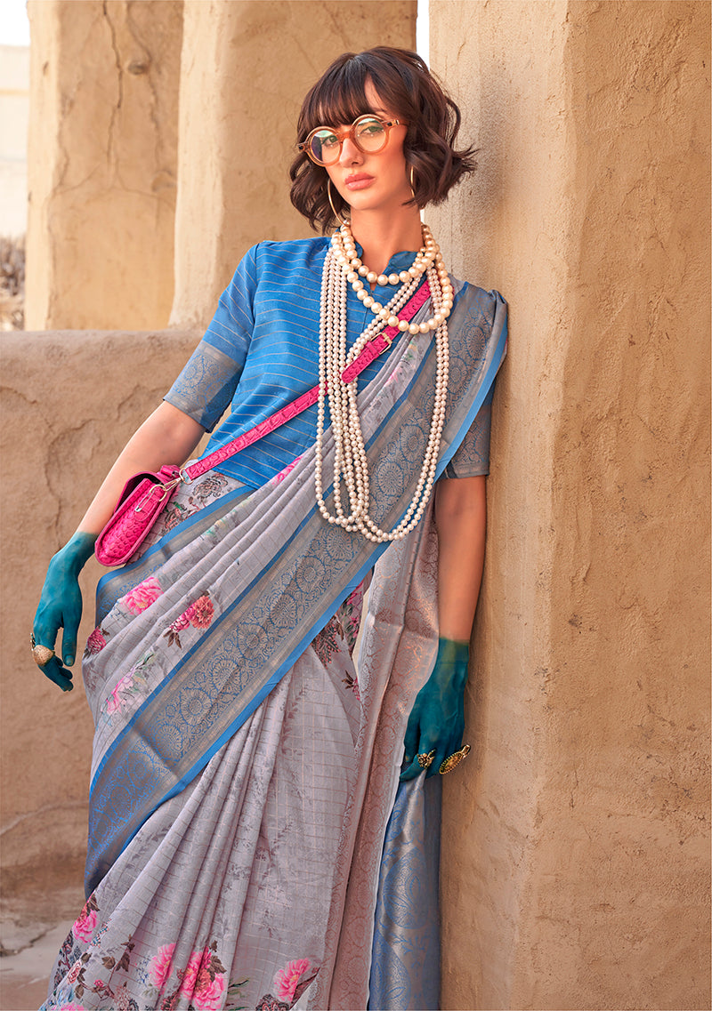 Monjolika Fashion Georgette Weaving Work Digital Print Grey Classic Saree - Distacart