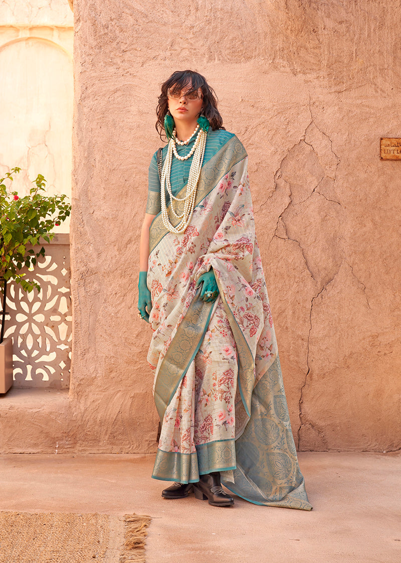 Monjolika Fashion Georgette Weaving Work Digital Print Cream Classic Saree - Distacart