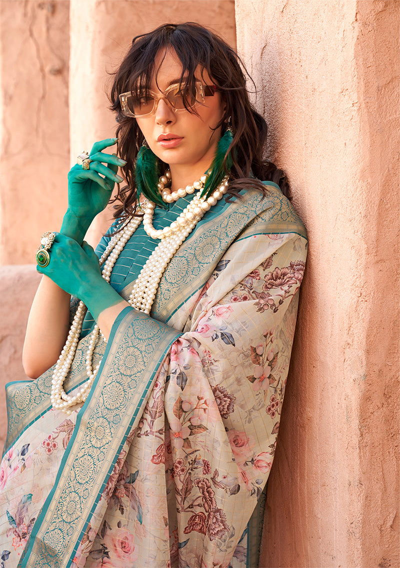 Monjolika Fashion Georgette Weaving Work Digital Print Cream Classic Saree - Distacart