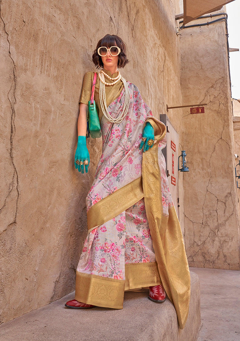 Monjolika Fashion Georgette Weaving Work Digital Print Light Grey Classic Saree - Distacart