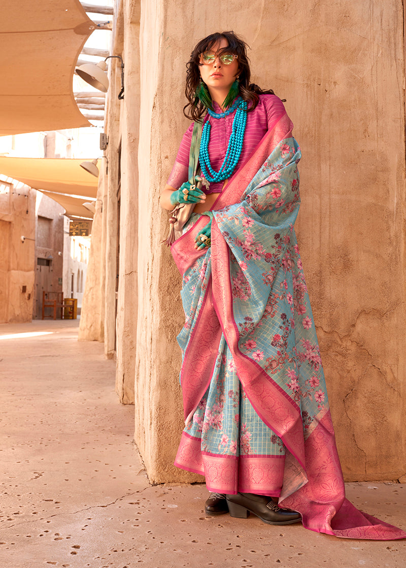 Monjolika Fashion Georgette Weaving Work Digital Print Aqua Blue Classic Saree - Distacart
