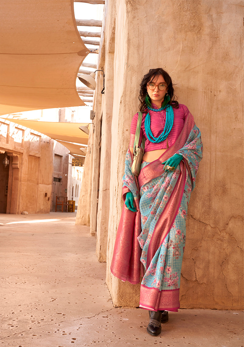 Monjolika Fashion Georgette Weaving Work Digital Print Aqua Blue Classic Saree - Distacart