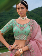 Monjolika Fashion Silk Blend Embroidered Sequins Light Turquoise And Pink Designer Lehenga Choli