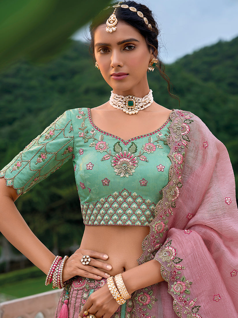 Monjolika Fashion Silk Blend Embroidered Sequins Light Turquoise And Pink Designer Lehenga Choli