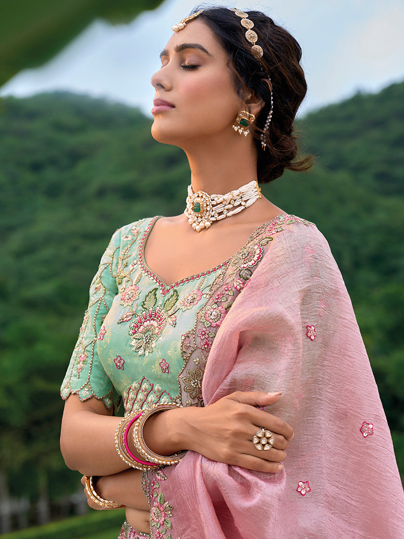 Monjolika Fashion Silk Blend Embroidered Sequins Light Turquoise And Pink Designer Lehenga Choli
