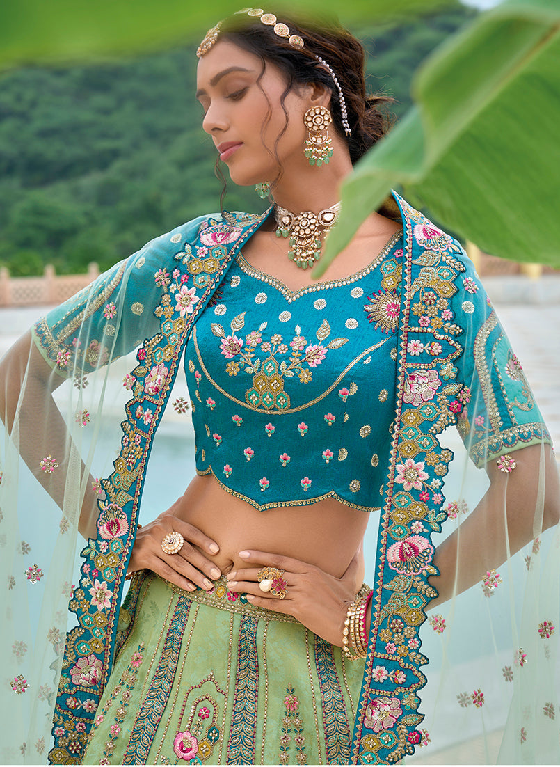 Monjolika Fashion Silk Blend Embroidered Sequins Sea Green And Turquoise Designer Lehenga Choli