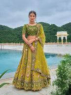 Monjolika Fashion Silk Blend Embroidered Sequins Green And Mehendi Designer Lehenga Choli
