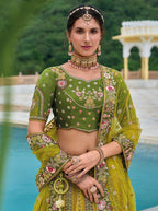 Monjolika Fashion Silk Blend Embroidered Sequins Green And Mehendi Designer Lehenga Choli