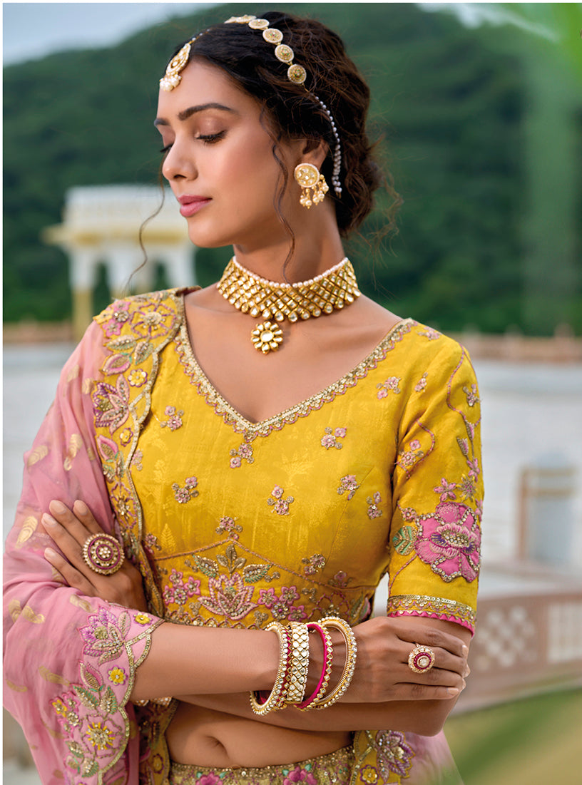 Monjolika Fashion Silk Blend Embroidered Sequins Yellow And Pink Designer Lehenga Choli