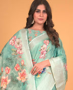 Sea Green Cotton Silk Floral Printed Saree With Unstitched Blouse Piece - Akshita