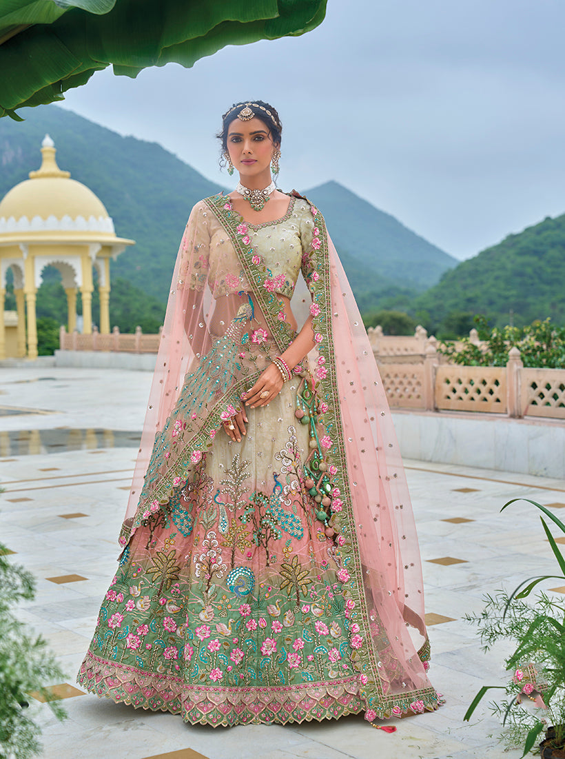 Monjolika Fashion Silk Blend Embroidered Sequins Multi Colour Designer Lehenga Choli