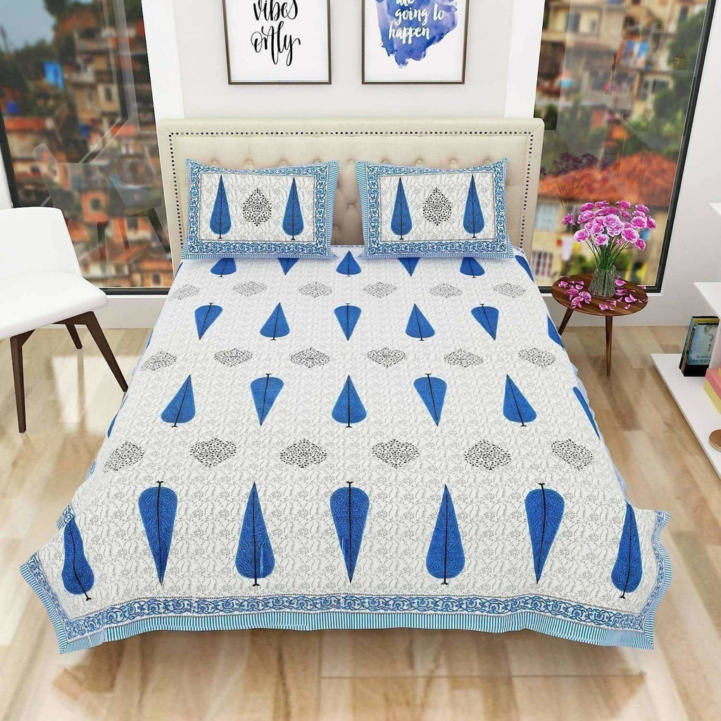 Queen Size 90x108 Inches Jaipuri Sanganeri Print Flat Bed Sheet Bedspread with 2 Pillowcases