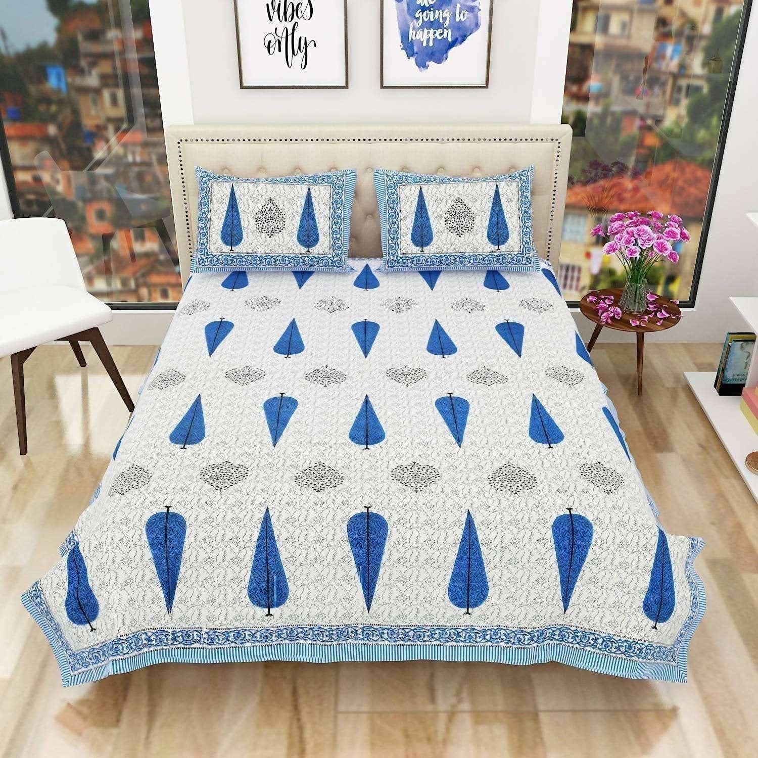 Queen Size 90x108 Inches Jaipuri Sanganeri Print Flat Bed Sheet Bedspread with 2 Pillowcases