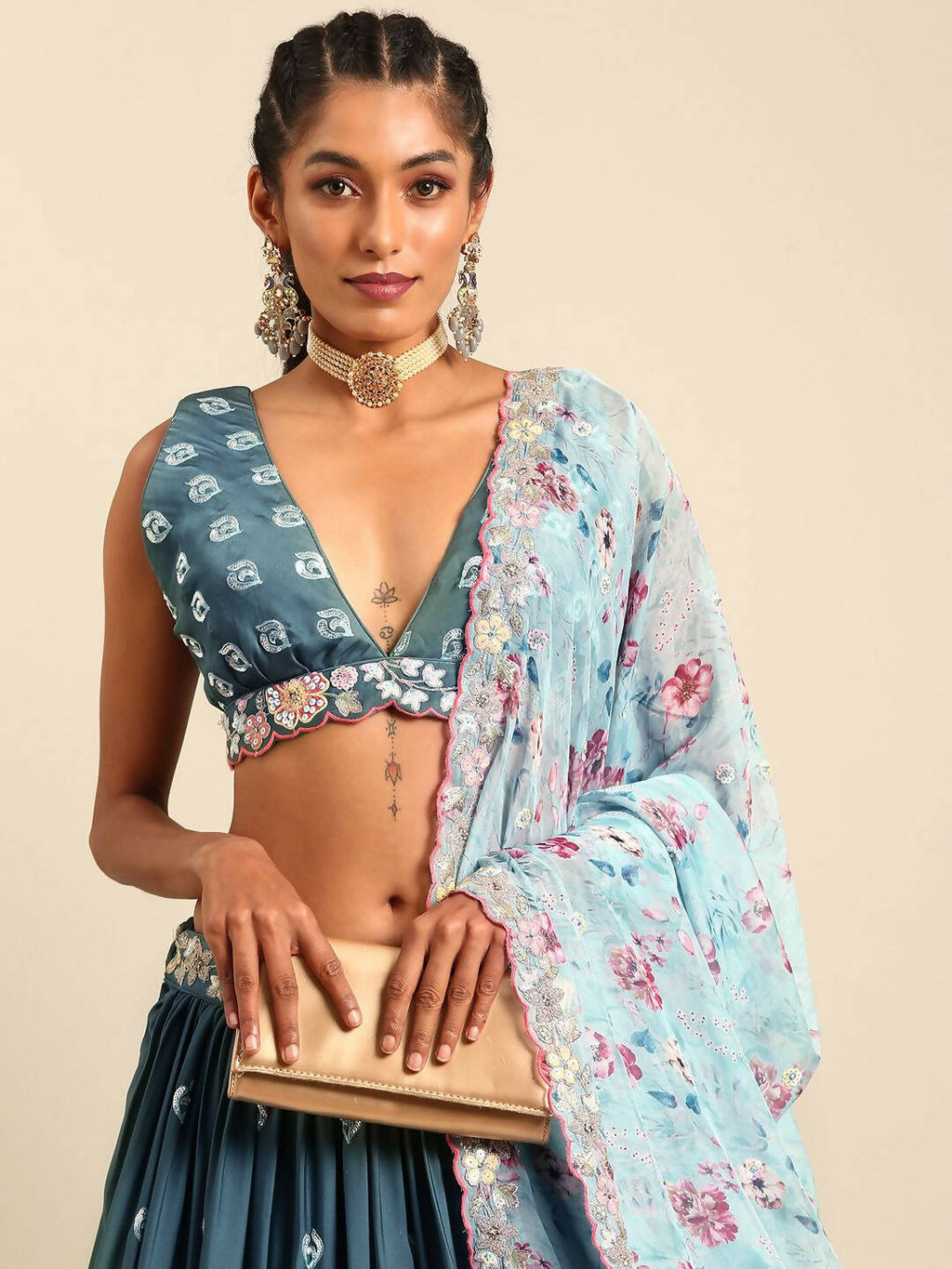 House of Panchhi Teal Blue Chinon Sequins embroidery Lehenga choli & Dupatta