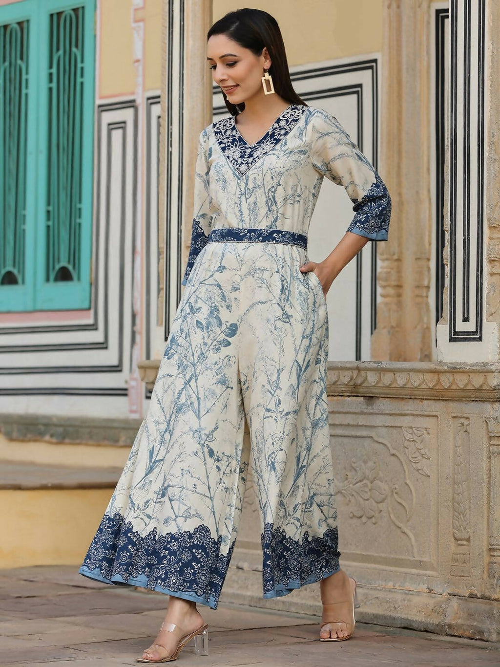 Juniper Women's Offwhite Rayon Staple Printed With Embroidery Straight Jumpsuit - Distacart