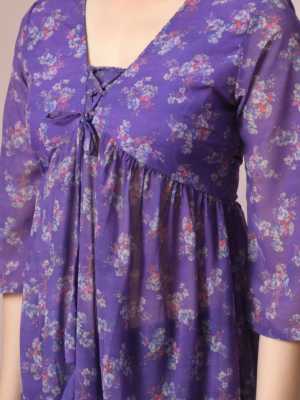 Myshka Women's Purple Printed Georgette A-Line Nyra-cut Kurta