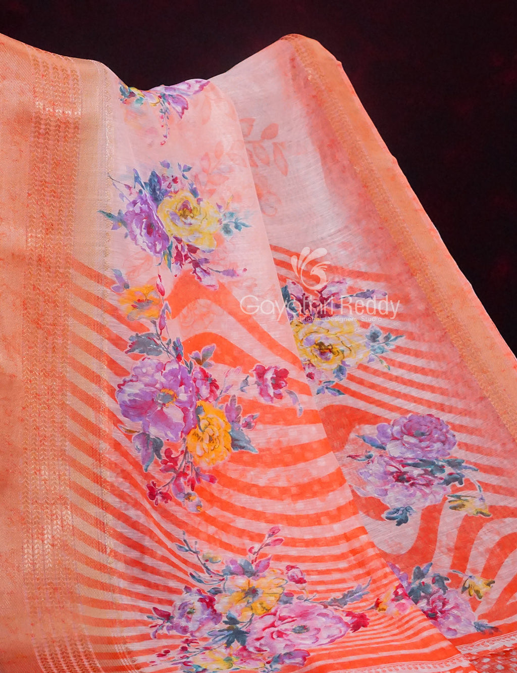 Vibrant Combination of Baby Peach and Orange with Floral Design Semi Chanderi Saree By Gayathri Reddy Designer Studio - Distacart