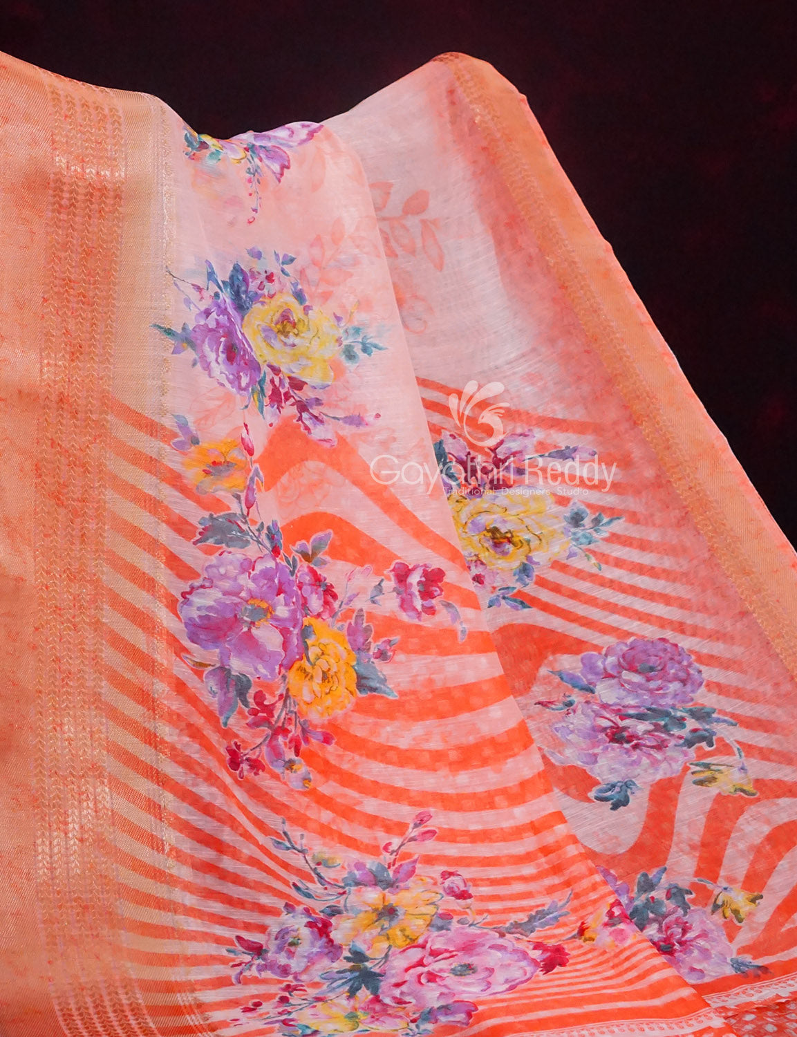 Vibrant Combination of Baby Peach and Orange with Floral Design Semi Chanderi Saree By Gayathri Reddy Designer Studio - Distacart