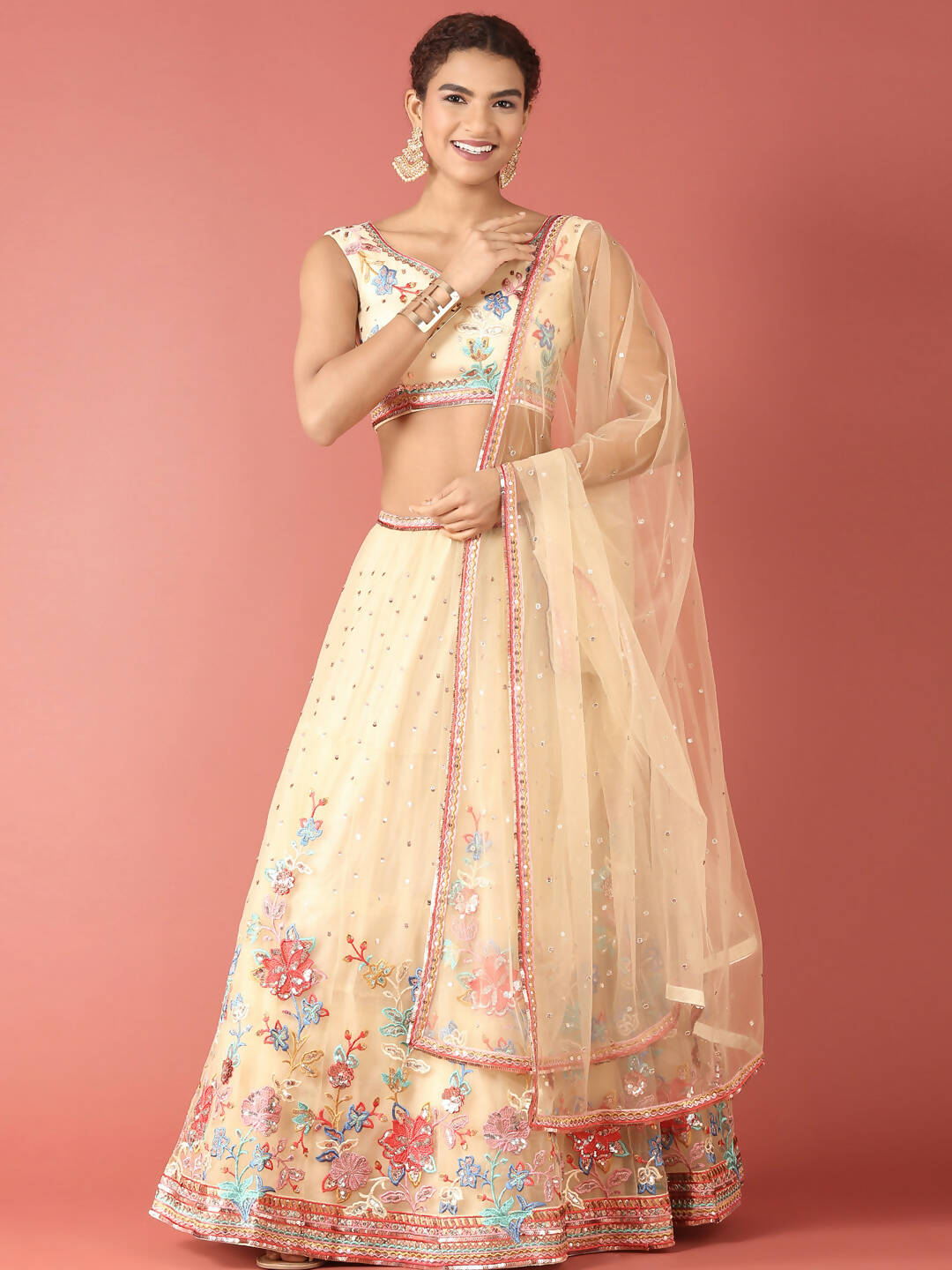 House of Panchhi Cream Net Multi colour Thread & Sequinse Work Lehenga & Blouse, Dupatta
