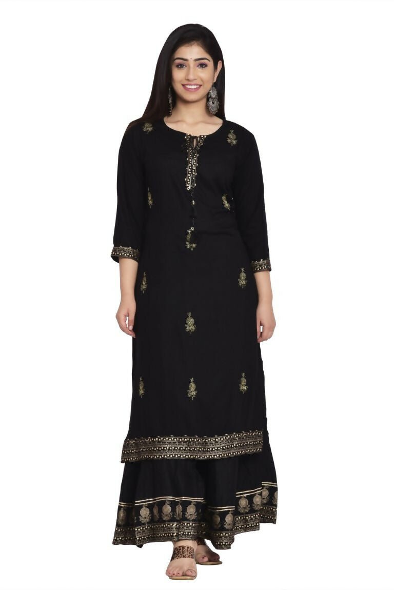 Alvano Women's Gold Zari Print Kurti with Palazzo and Dupatta set Rayon
