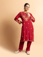 HOUSE OF KARI Floral Embroidered Chikankari Kurta With Palazzos