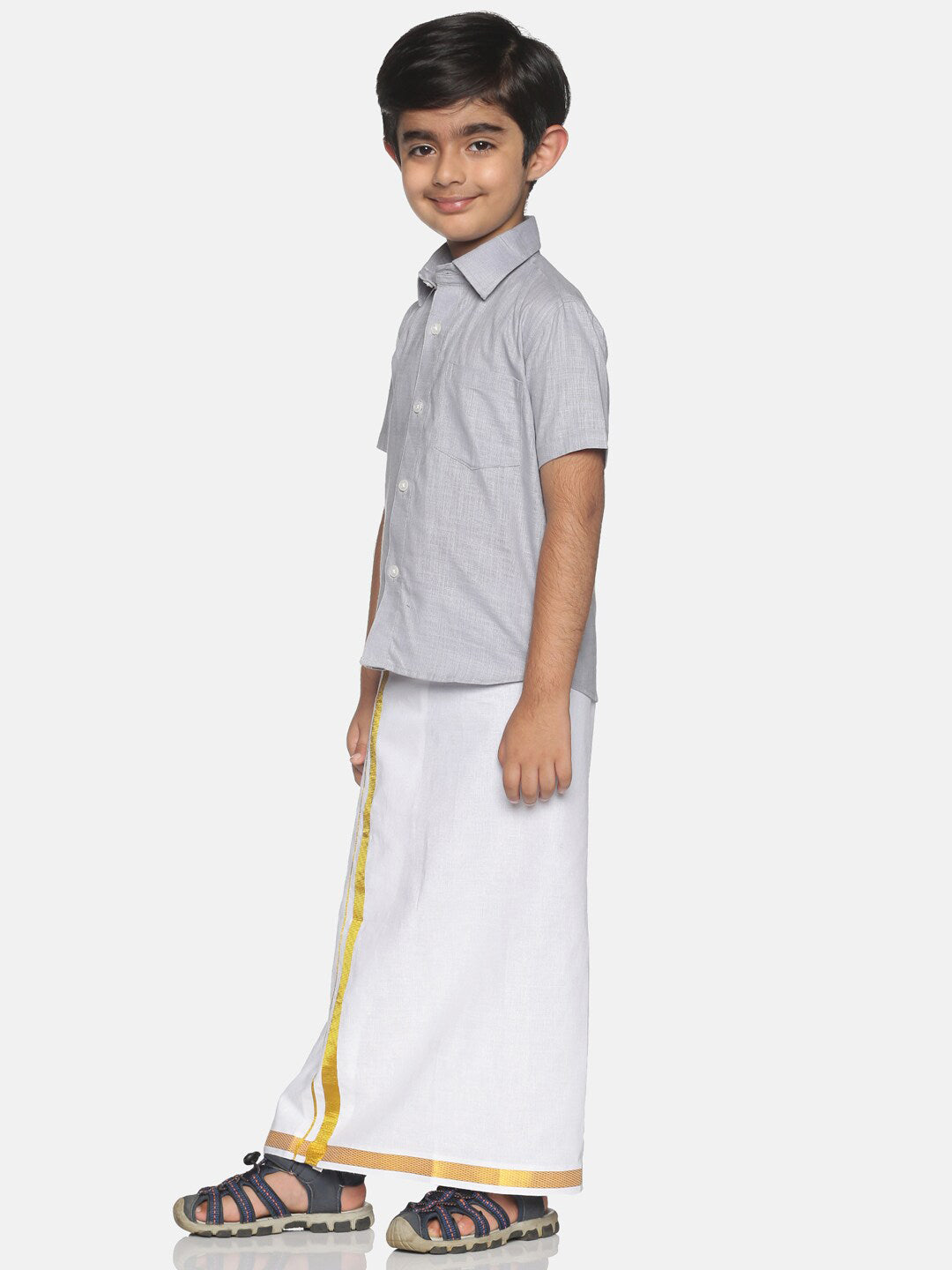 Sethukrishna Boys Grey & White Solid Shirt and Veshti Set
