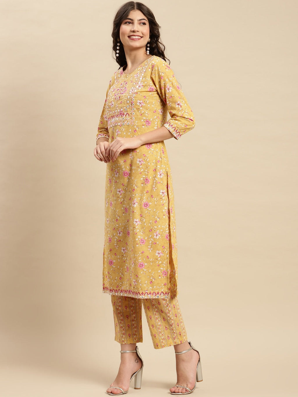 Sangria Yellow & Pink Floral Printed Pure-Cotton Straight Kurta With Trouser & Dupatta