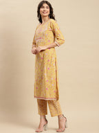 Sangria Yellow & Pink Floral Printed Pure-Cotton Straight Kurta With Trouser & Dupatta