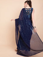 Sangria Navy Blue & Silver-Toned Sequin Embellished Pure Georgette Saree - Distacart