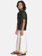 Sethukrishna Boys Green & White Solid Shirt with Dhoti Set