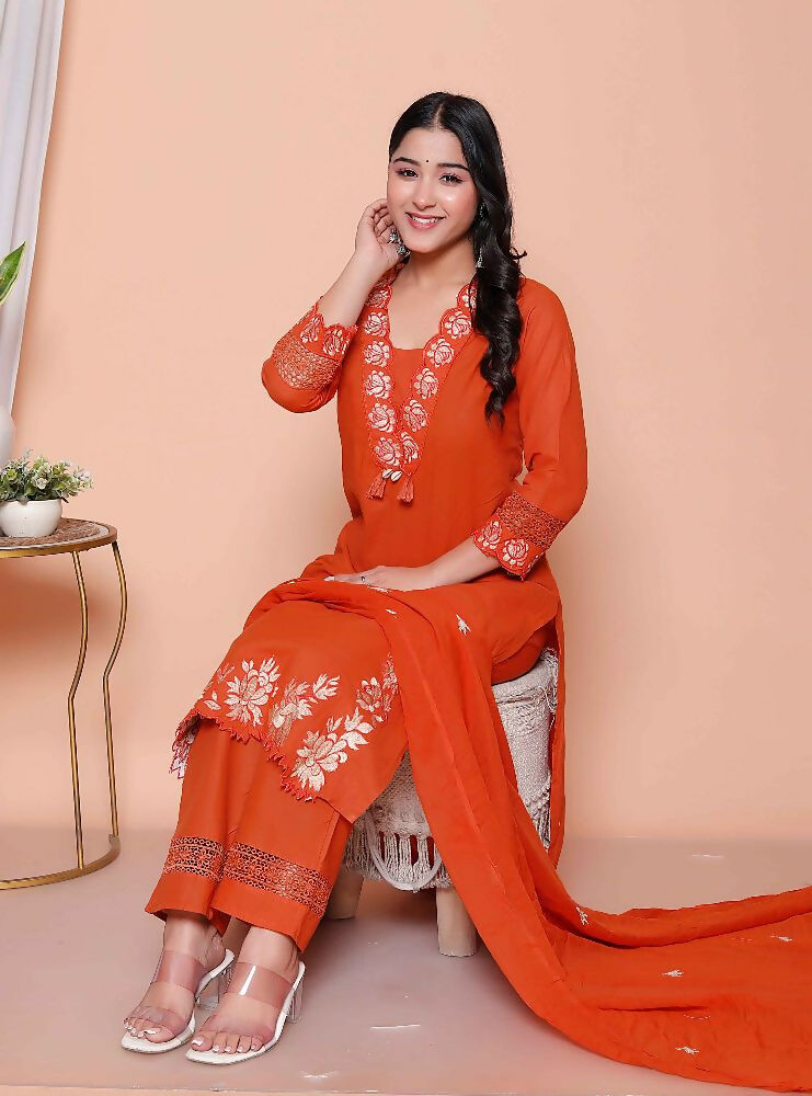 Miravan Womens Embroidered Cotton Kurta With Palazzo & Dupatta Set - Distacart