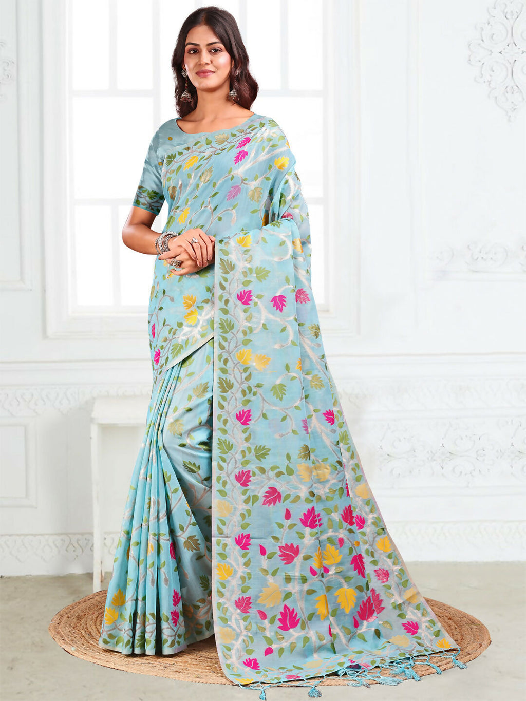 Shree Shyam Fashion Linen Cotton Sky Blue Saree - Distacart