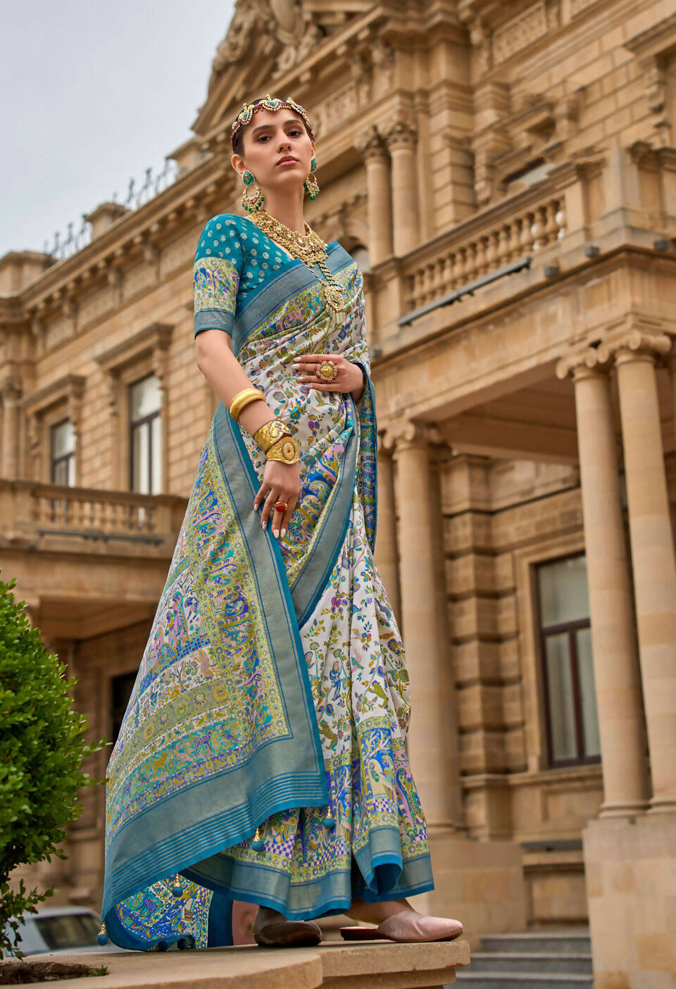 Keppel Blue & White Superior V.P.Silk Woven Printed Patola Silk Saree - Rewaa Milano
