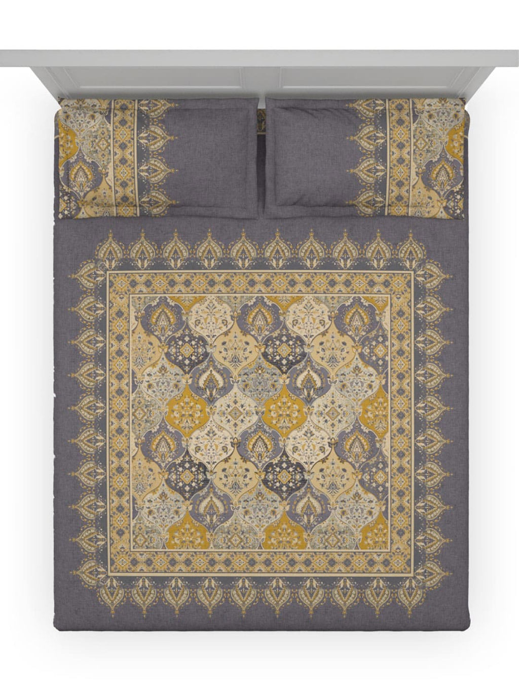 DDecor Grey & Yellow Ethnic Motifs Cotton 140 TC King Bedsheet With 2 Pillow Covers - Distacart