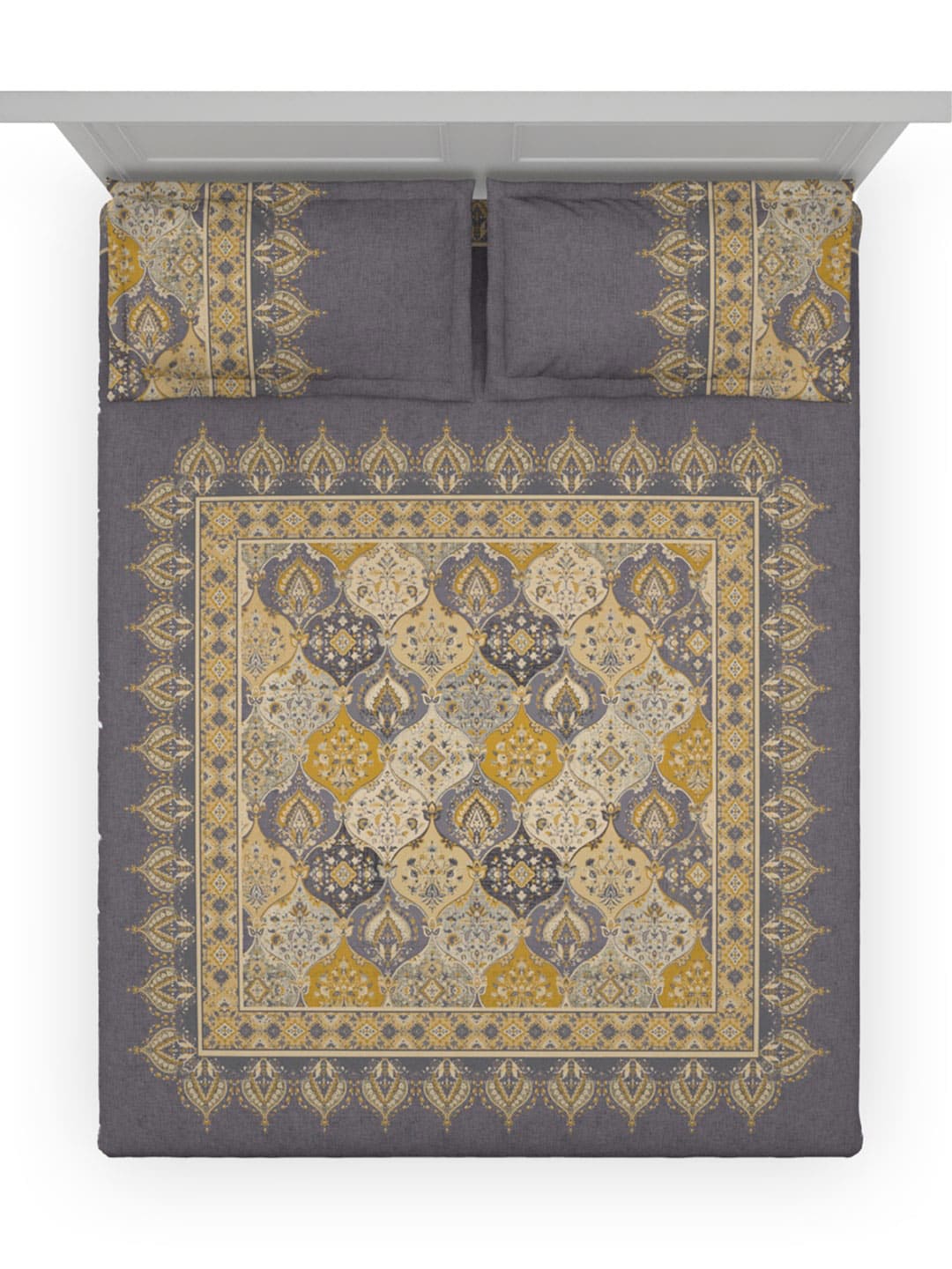 DDecor Grey & Yellow Ethnic Motifs Cotton 140 TC King Bedsheet With 2 Pillow Covers - Distacart